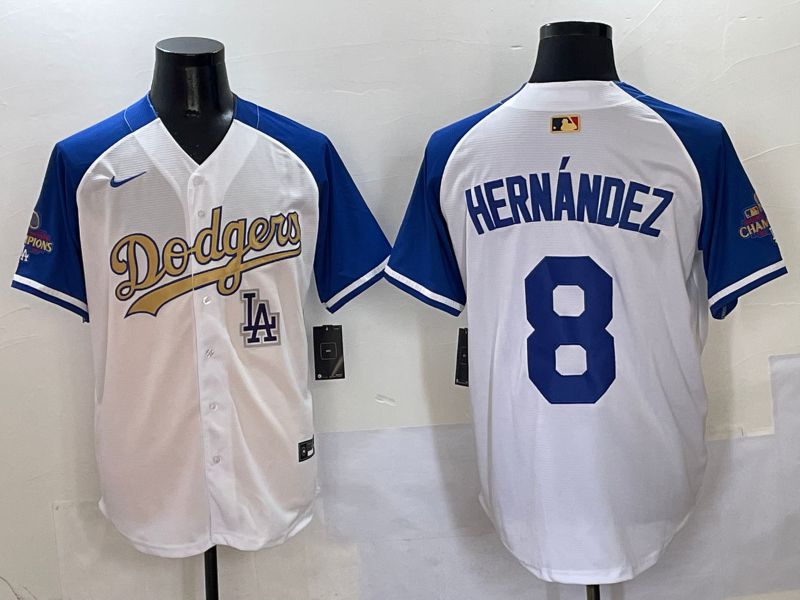 Men Los Angeles Dodgers #8 Hernandez White Blue Champion gold character Nike 2025 MLB Jersey style 50410